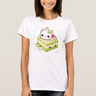 Gullig mochikattunge med tårtan för kawaiigrönt t shirt