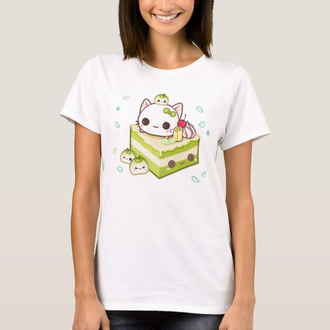 Gullig mochikattunge med tårtan för kawaiigrönttea t shirt (Framsida)
