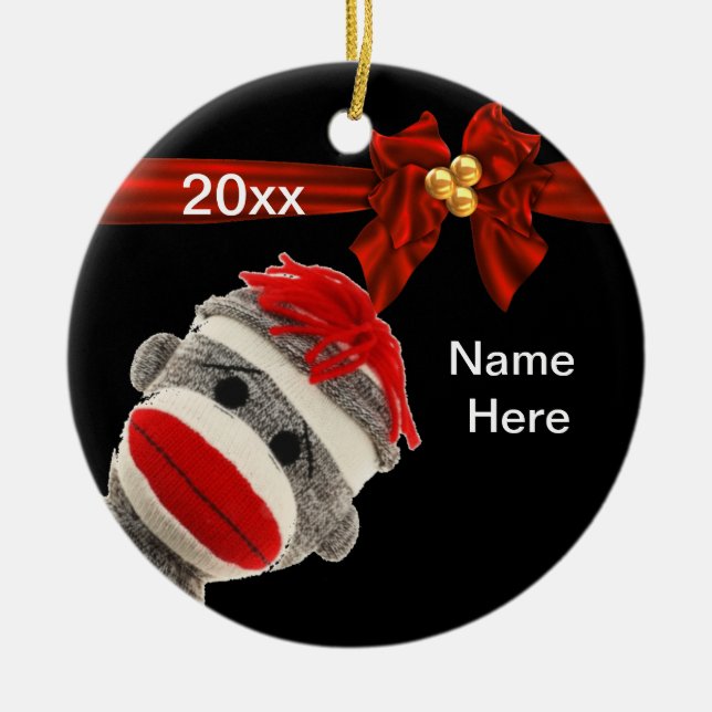 GULLIG MODERIKTIG SOCK MONKEYprydnadANPASSNINGSBAR Julgransprydnad Keramik (Framsidan)