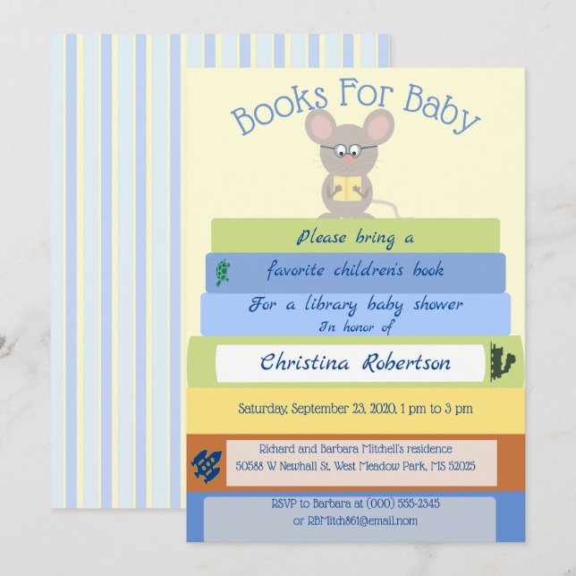 Gullig mus i deppighetbibliotekbaby shower inbjudningar (Fram/baksida)