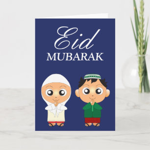 Gullig Muslimpojke och flicka Eid Mubarak Helgkort