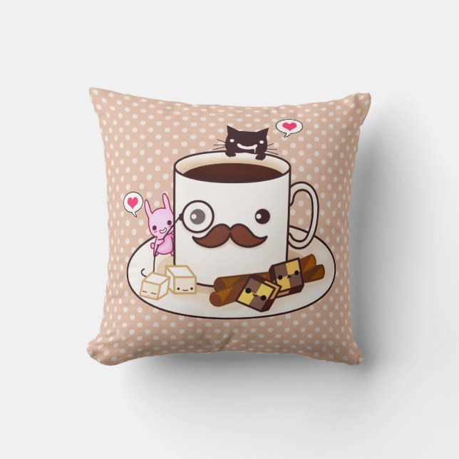 Gullig mustaschkaffekopp med kawaiidjur kudde (Framsida)