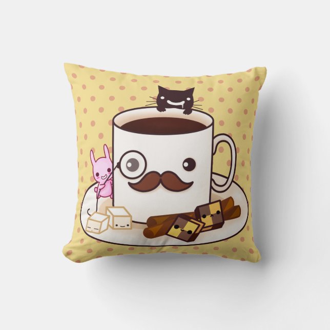 Gullig mustaschkaffekopp med kawaiidjur kudde (Framsida)