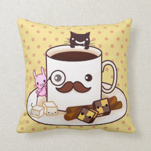 Gullig mustaschkaffekopp med kawaiidjur kudde
