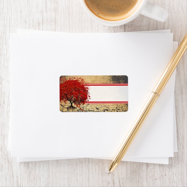 Gullig nyckfull hjärta blad träd som den röda adressetikett (Insitu)