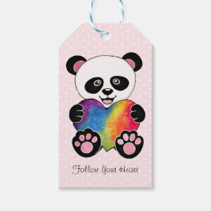 Gullig Panda för vattenfärg med regnbågehjärta Presentetikett