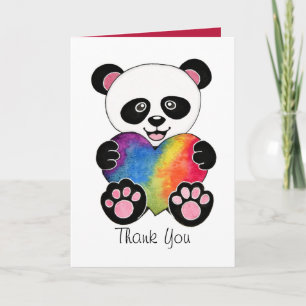 Gullig Panda för vattenfärg med regnbågehjärta Tack Kort