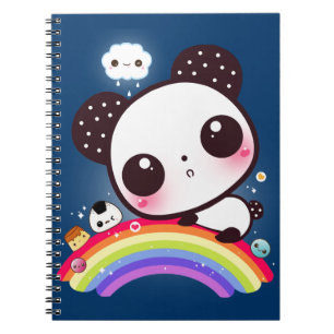 Gullig panda med kawaiimat på regnbågen anteckningsbok med spiral