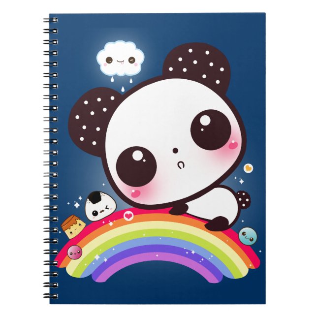 Gullig panda med kawaiimat på regnbågen anteckningsbok med spiral (Framsidan)
