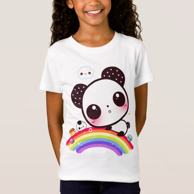 Gullig panda med kawaiimat på regnbågen t shirt (Framsida)