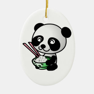 Gullig Panda som äter ris från bunken med pinnar Julgransprydnad Keramik
