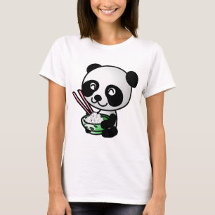 Gullig Panda som äter ris från bunken med pinnar Tee
