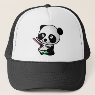 Gullig Panda som äter ris från bunken med pinnar Truckerkeps