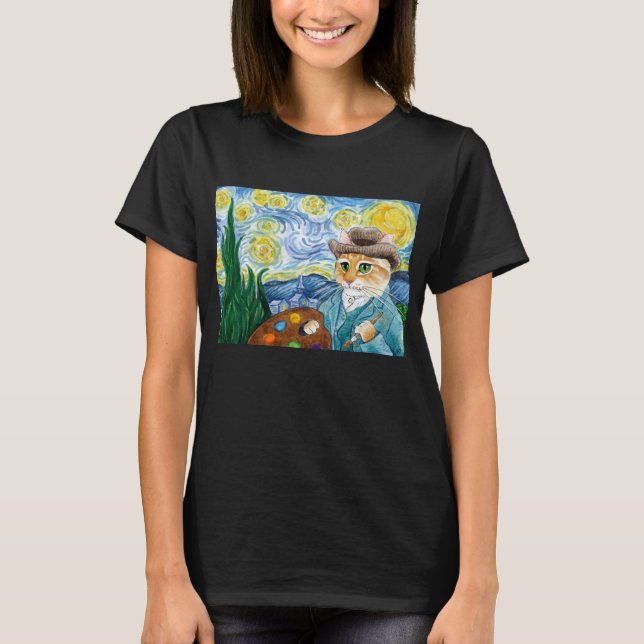 Gullig parodi för konstnär kattVan Gogh för Starry T Shirt (Framsida)