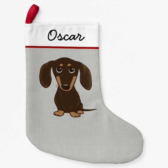 Gullig personlig för chokladtaxtecknad hund liten julstrumpa (Framsidan)