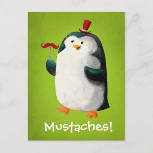 Gullig pingvin med mustascher vykort