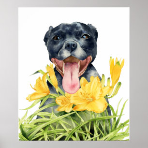 Gullig Pitbull hund i gul blomsterträdgård Poster