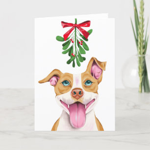Gullig Pitbull hund under Mistletoejulen Helgkort