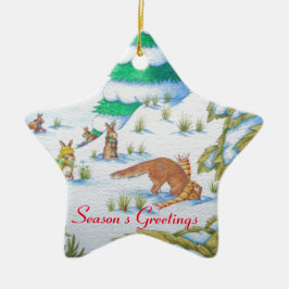 gullig plats för räv- och kaninjulsnö julgransprydnad keramik