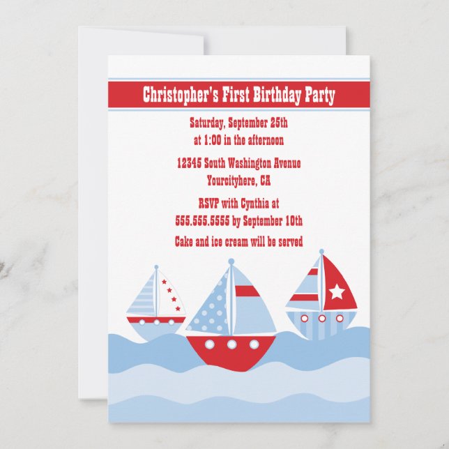 Gullig pojke segelbåtfödelsedagsfest inbjudan (Framsida)