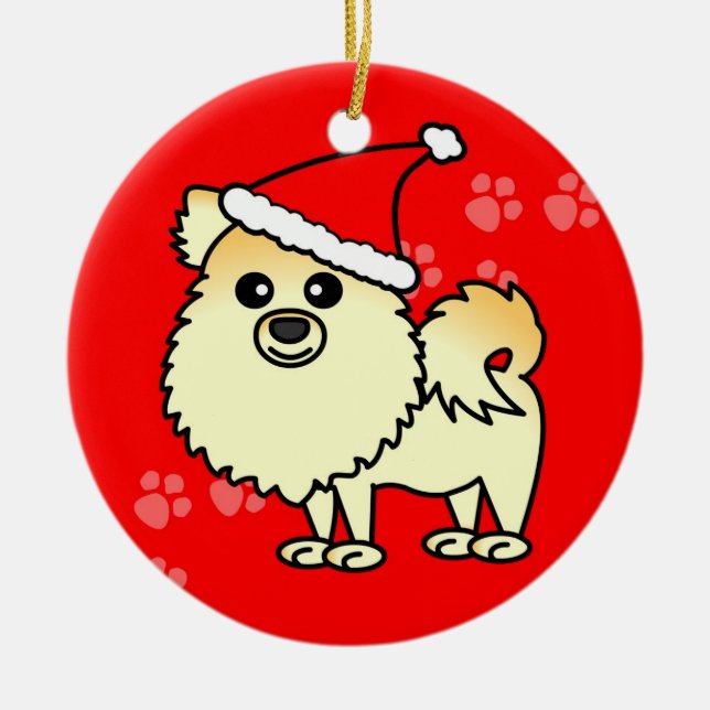 Gullig Pomeranian tecknadSanta hatt Julgransprydnad Keramik (Framsidan)