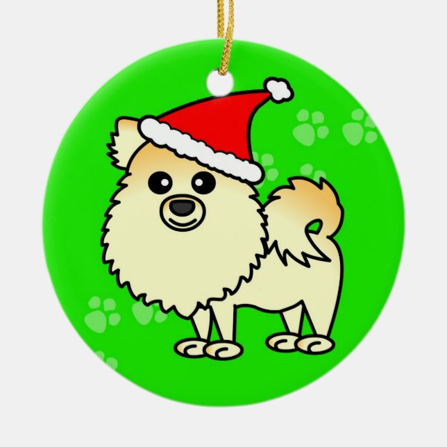 Gullig Pomeranian tecknadSanta hatt Julgransprydnad Keramik (Framsidan)