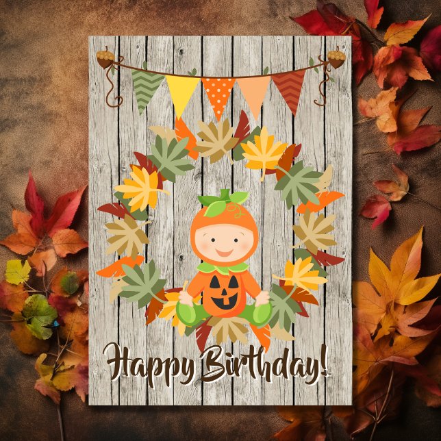 Gullig pumpababykran av lövhöstfödelsedagen kort (Cute Pumpkin Baby Wreath of Leaves Autumn Birthday Card)