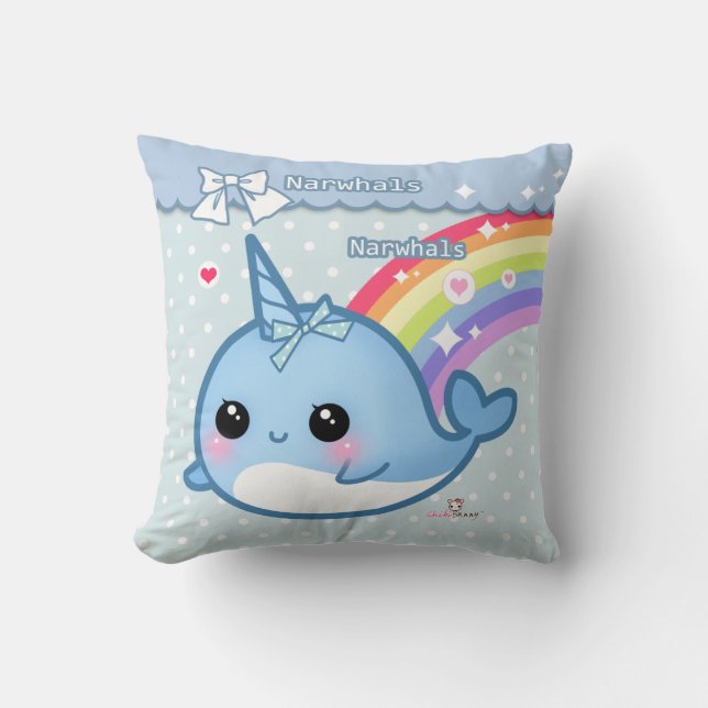 Gullig regnbåge som är narwhal på vit- & kudde (Framsida)