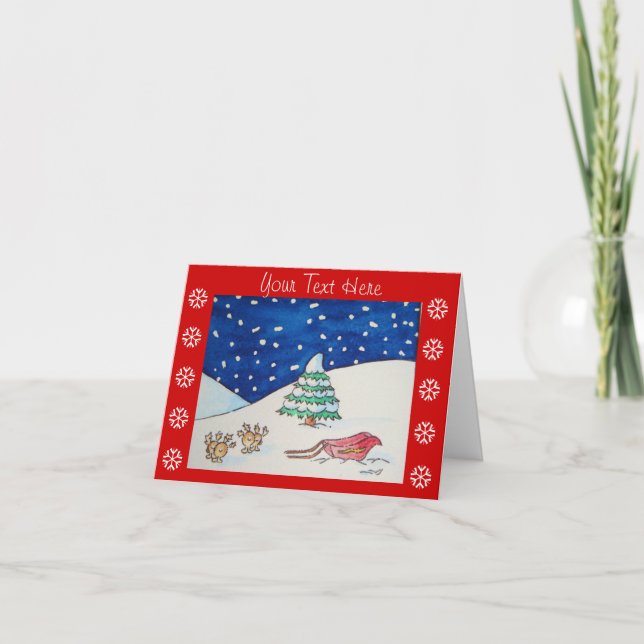 Gullig rensnöplats med sleighen och träd helgkort (Framsida)