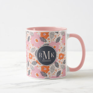 Gullig Retro blommönster för Monogram   Mugg