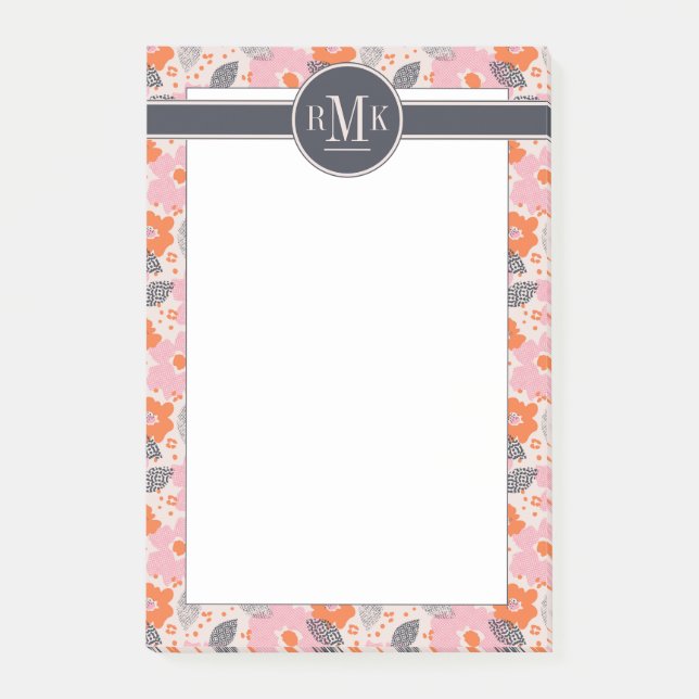 Gullig Retro blommönster för Monogram | Post-it Block (Framsida)
