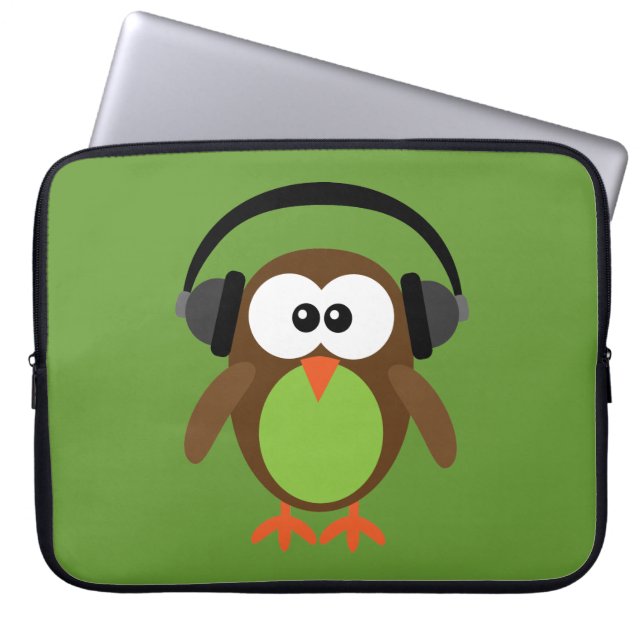Gullig Retro uggla DJ med hörlurar Laptop Sleeve (Framsidan)