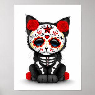 Gullig röd day of the deadkattungekatt, vit poster