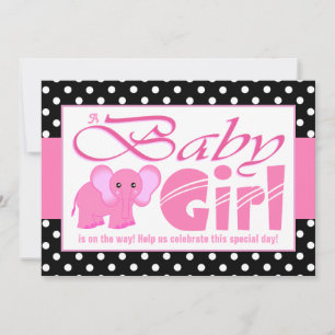 Gullig rosa baby shower för elefantsvartpolka dots inbjudningar