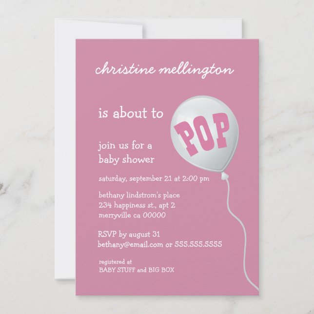 Gullig rosa baby shower med ballongen för flickan inbjudningar (Framsida)