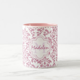 gullig rosa damast, initial monogram för namn Två-Tonad mugg