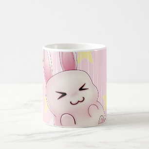 Gullig rosa Kawaii kaninkanin som faller från Kaffemugg