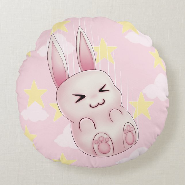 Gullig rosa Kawaii kaninkanin som faller från Rund Kudde (Framsidan)