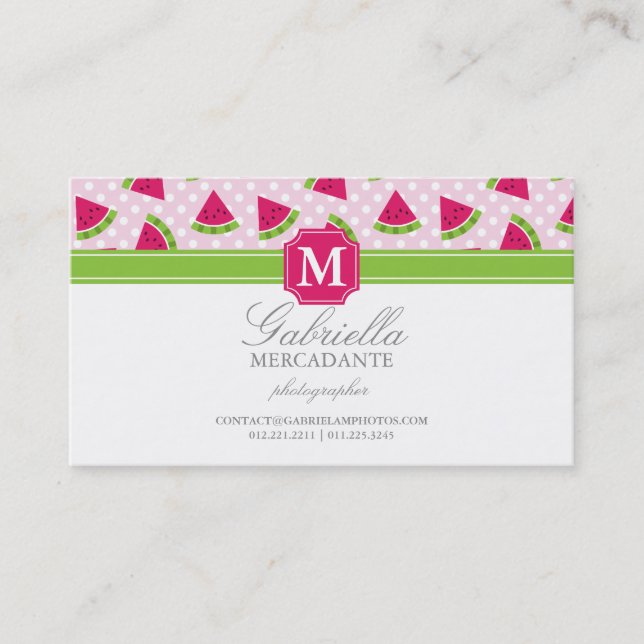 Gullig rosa Monogram för vattenmelonpolka Visitkort (Framsida)