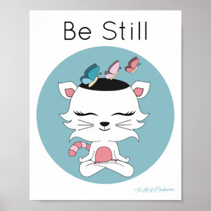 Gullig rosa- och vitkatt i meditation poster