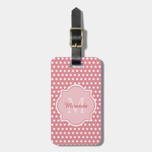 Gullig rosa polka dots med monogramen och namn bagagebricka
