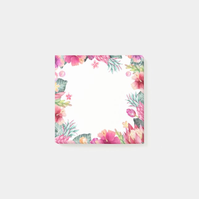 Gullig rosa tropisk blommigt- och lövverkram post-it block (Framsida)