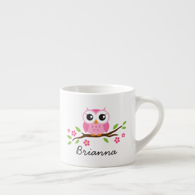 Gullig rosa uggla på grenanpassadenamn espressomugg (Höger)