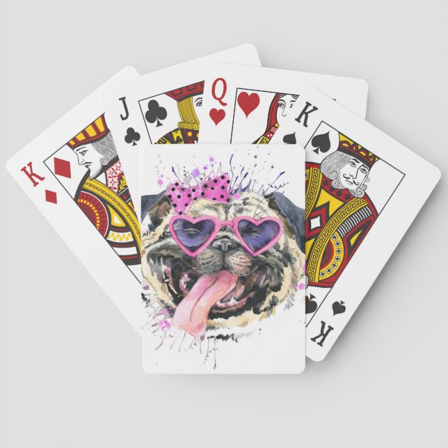 Gullig rosa vattenfärgmops casinokort (Baksidan)