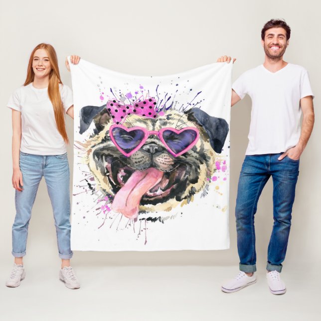 Gullig rosa vattenfärgmops fleecefilt (På plats)