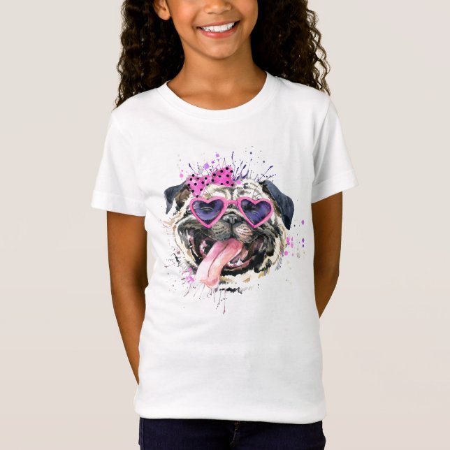 Gullig rosa vattenfärgmops t shirt (Framsida)