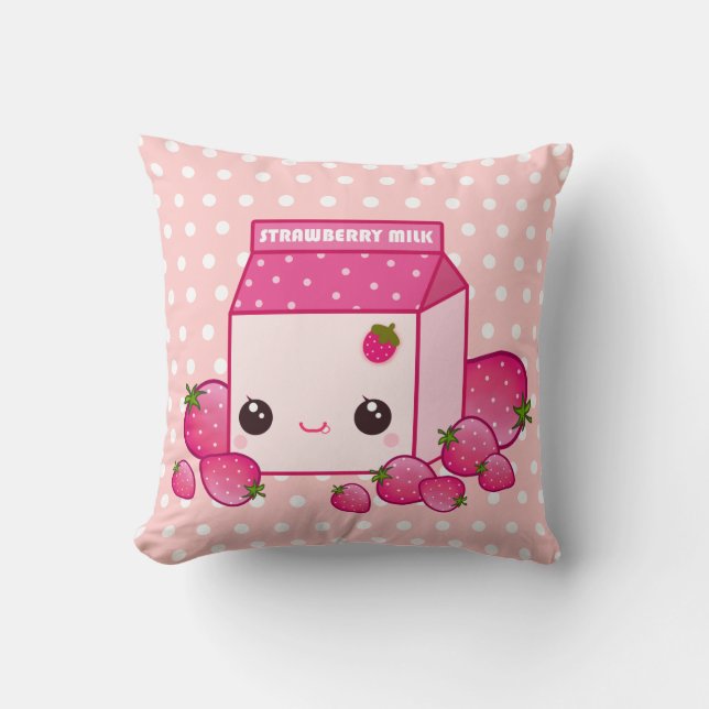 Gullig rosamjölk paketerar med kawaiijordgubbar kudde (Framsida)