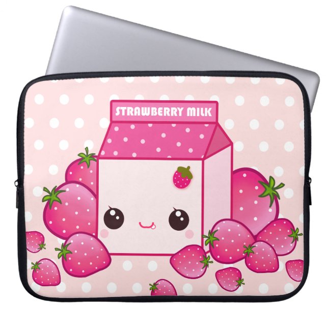 Gullig rosamjölk paketerar med kawaiijordgubbar laptop sleeve (Framsidan)