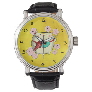 Gullig rundaManeki Neko katt Armbandsur
