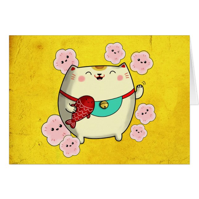 Gullig rundaManeki Neko katt Hälsningskort (Framsidan Horizontal)